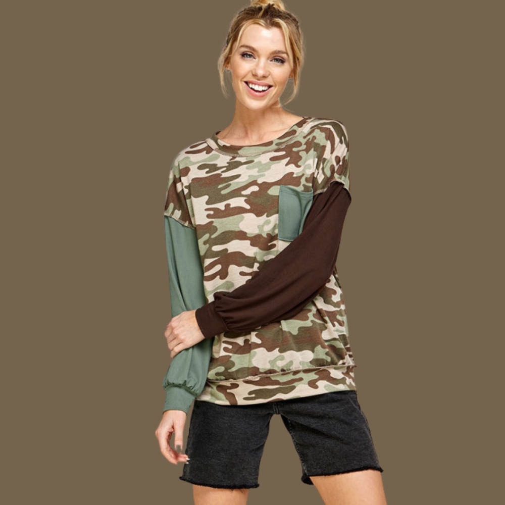 Melon Color Block Long Sleeve Camo Tee Shirt